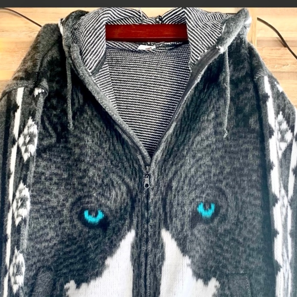 Handmade in Ecuador Wool Wolf Hooded Jacket Zip Coat 46 XL - Picture 6 of 11